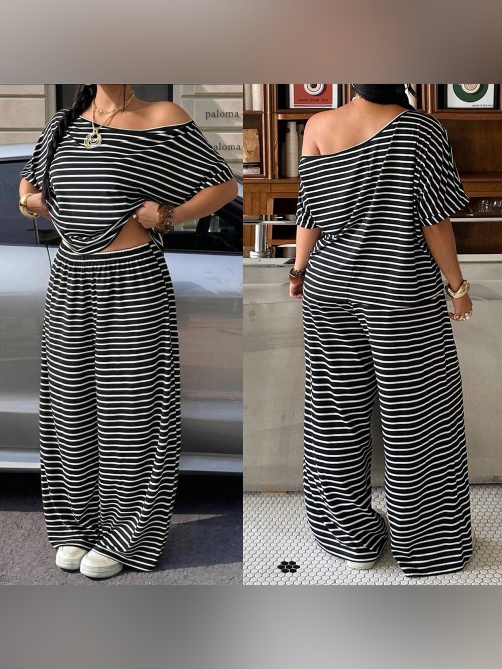 SHEINCurve Black & White Striped Off-Shoulder Wide-Leg 2 piece set